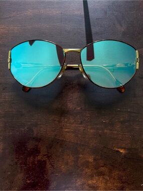 Vintage Deadstock VF Designer Sunglasses Gold Rope Temples Blue Mirror Lenses